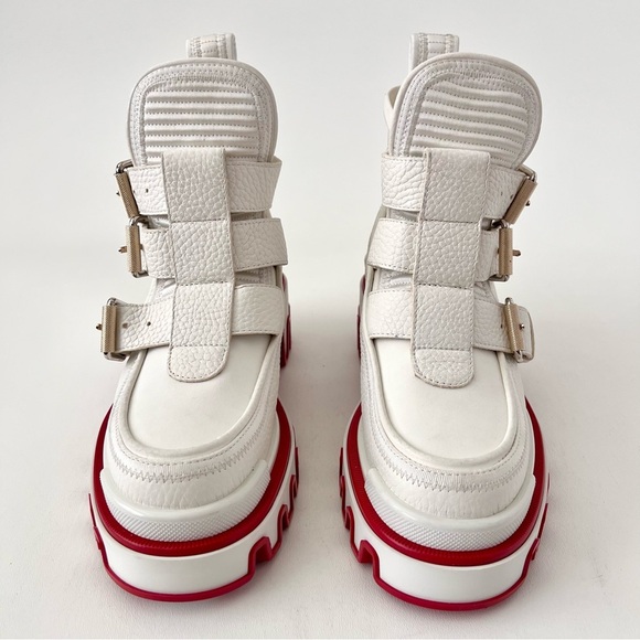 CHRISTIAN LOUBOUTIN | Dune Buckle Red Sole Ankle Platform Booties White Leather - Picture 3 of 16